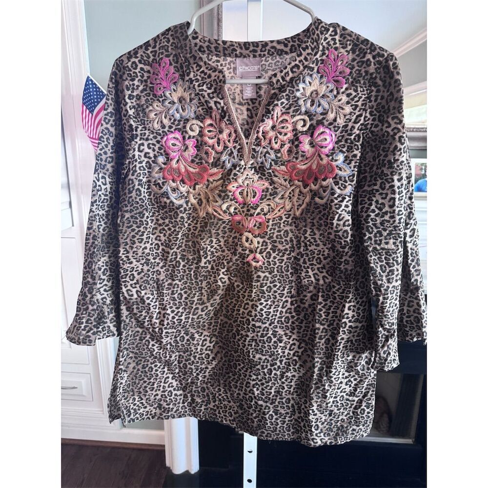 Chico's Women's Brown Cheetah Print Embroidered Tunic Top Size 0 (XS 4/6)